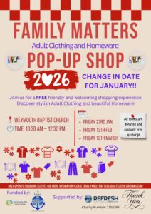 Family Matters Pop-Up Shop Rescheduled to 23 January at Weymouth Baptist Church